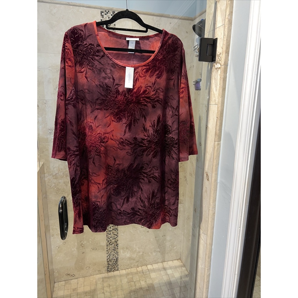 Catherines Maggie Barnes 1X Blouse Pink Red Devore Burnout Velvet Floral Tunic
